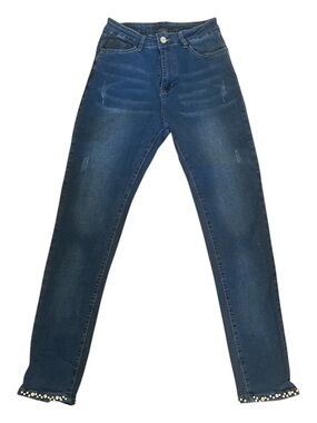 Pearl Bow Embellished Skinny Jeans Coquette Dark Wash High Rise Size S